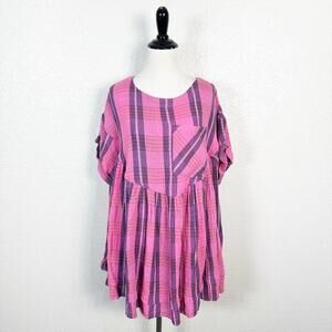 Free People Women’s We The Free Moon City Oversized Boho Plaid‎ Top Pink Small